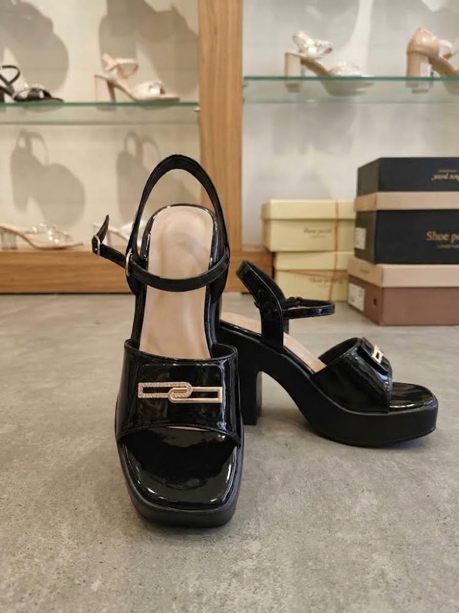 Comfort Enhance Glossy Patent Block Heel Peep-Toe Mules