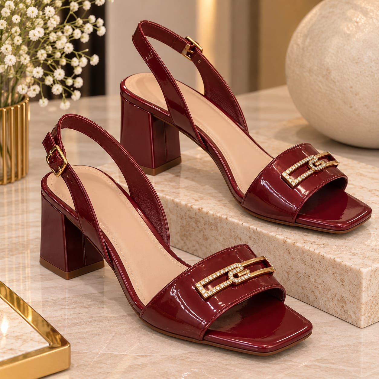 Comfort Enhance Glossy Patent Block Heel Peep-Toe Mules