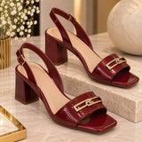 Comfort Enhance Glossy Patent Block Heel Peep-Toe Mules