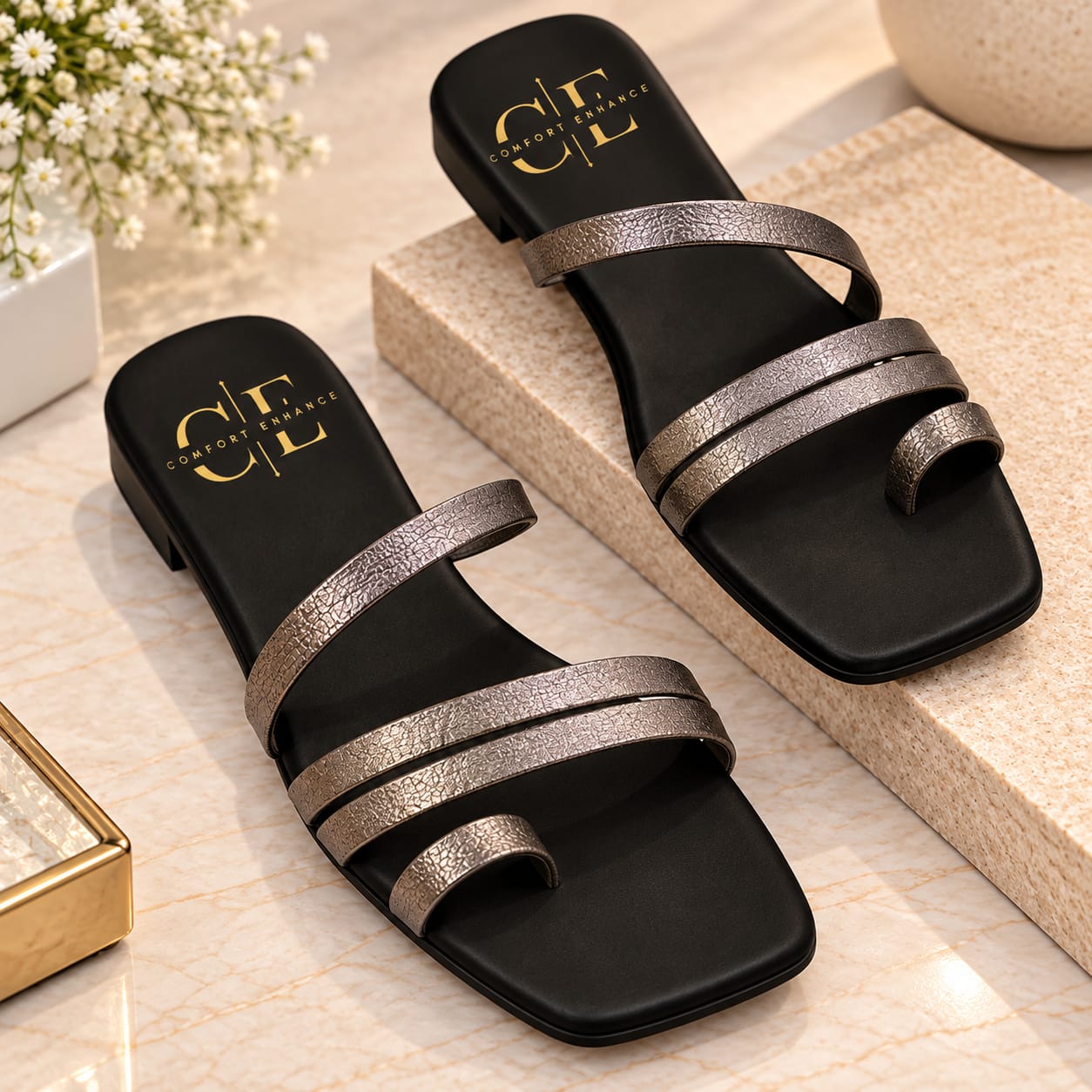 Comfort Enhance Strappy Metallic Toe-Ring Flats