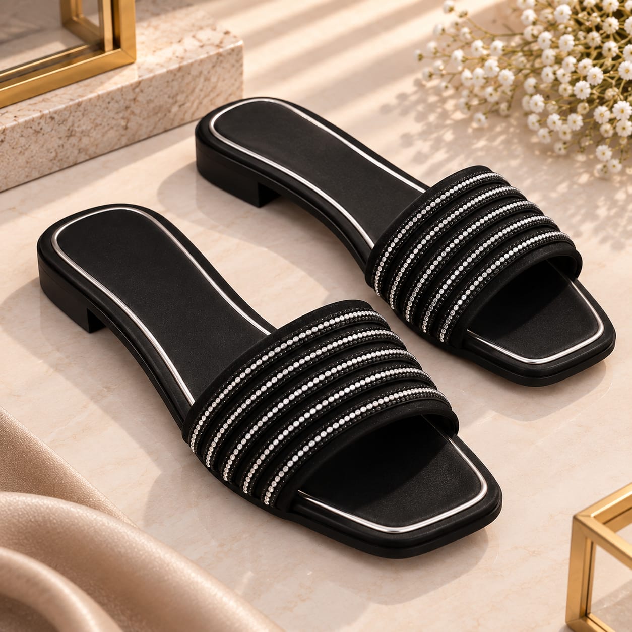 Comfort Enhance Crystal Embellished Multi-Strap Flat Slides