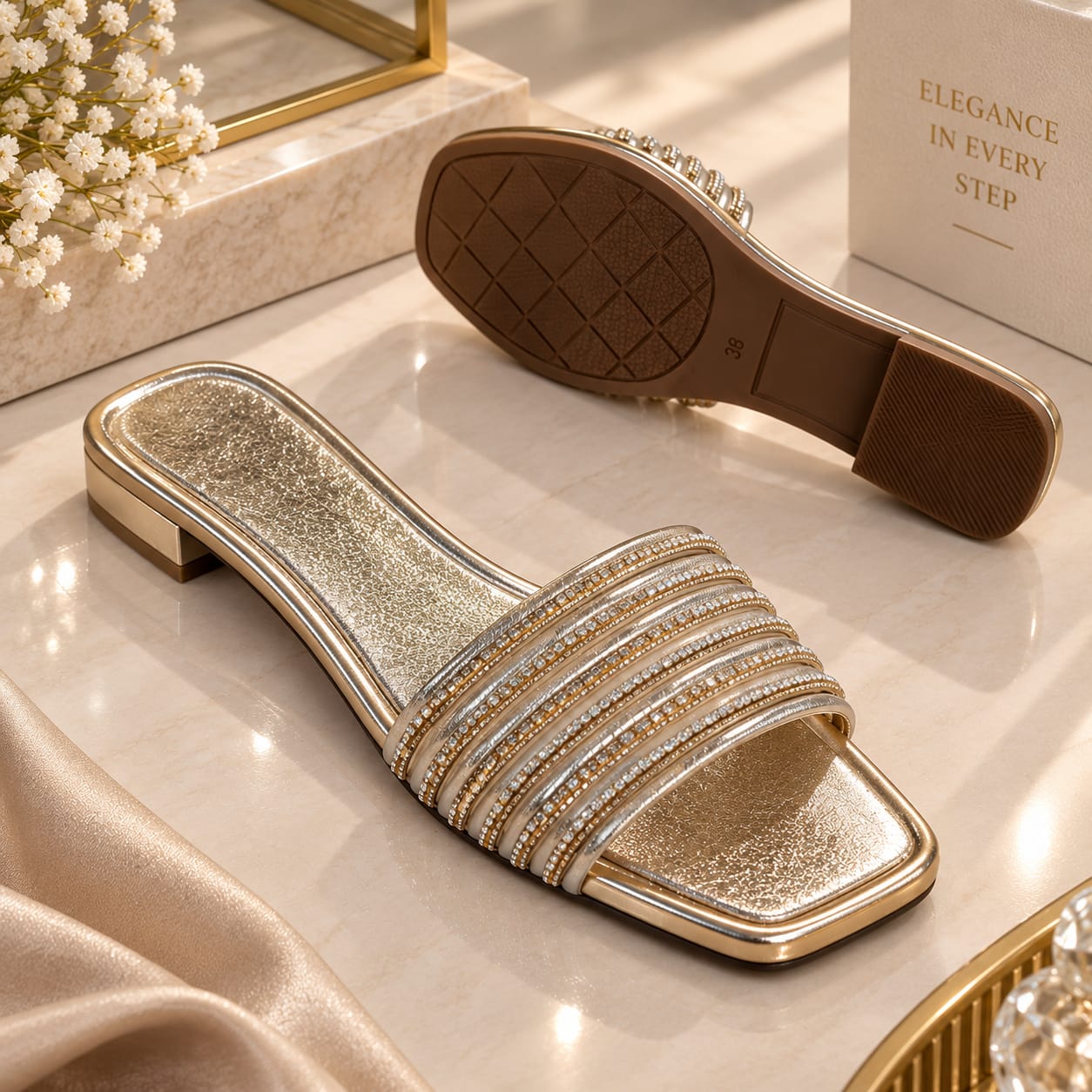 Comfort Enhance Crystal Embellished Multi-Strap Flat Slides
