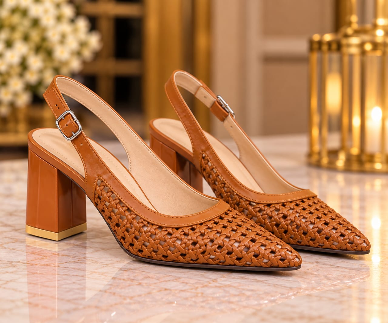 Women’s  Woven Pointed Toe Slingback Block Heels