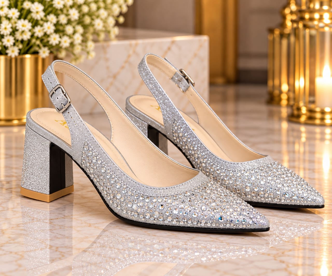 Women’s Rhinestone Pointed Toe Slingback Block Heels