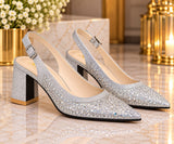 Women’s Rhinestone Pointed Toe Slingback Block Heels