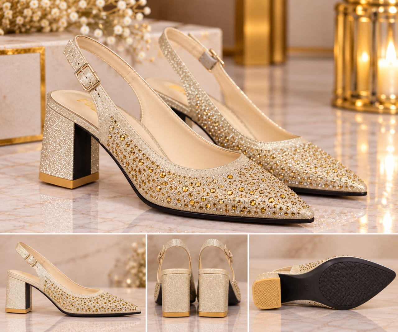 Women’s Rhinestone Pointed Toe Slingback Block Heels