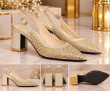 Women’s Rhinestone Pointed Toe Slingback Block Heels