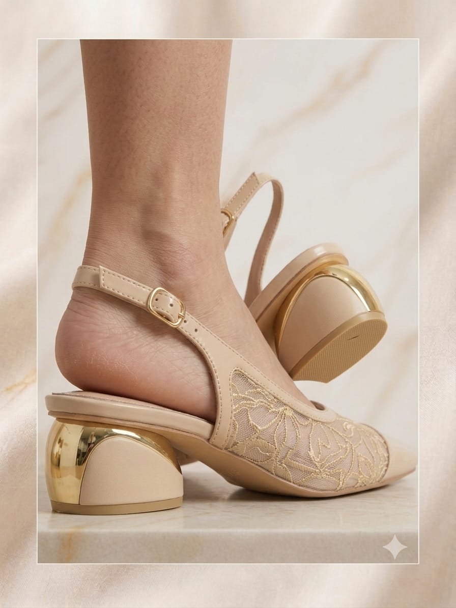 Comfort Enhance Floral Embroidered Pointed Toe Slingback Heels