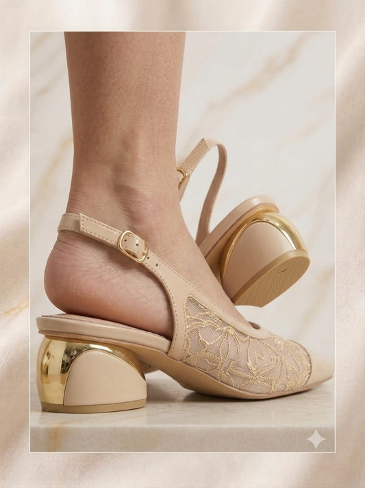 Comfort Enhance Floral Embroidered Pointed Toe Slingback Heels