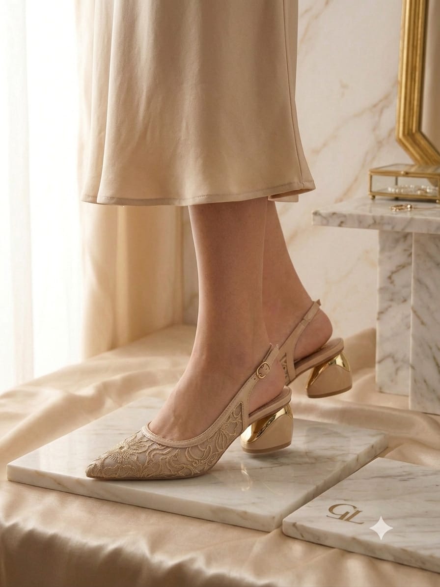 Comfort Enhance Floral Embroidered Pointed Toe Slingback Heels