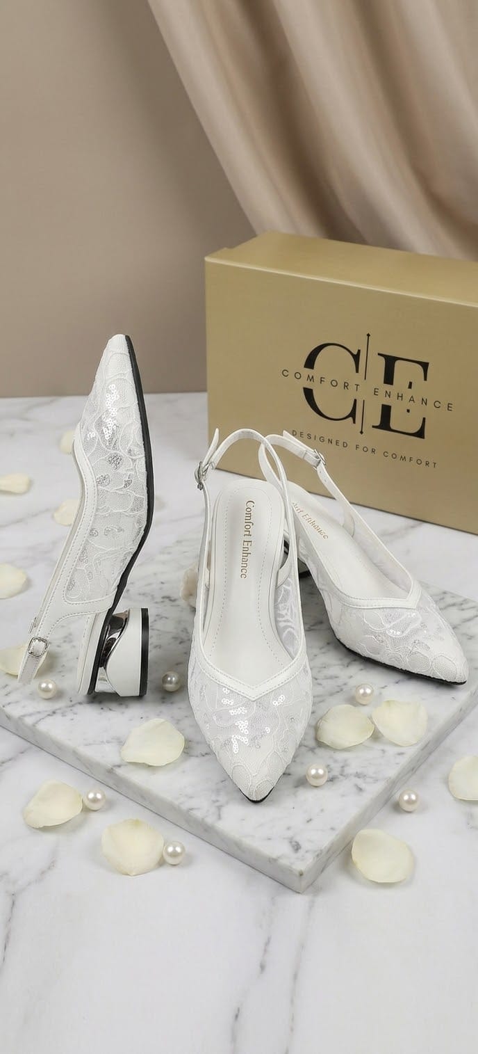 Comfort Enhance Floral Embroidered Pointed Toe Slingback Heels