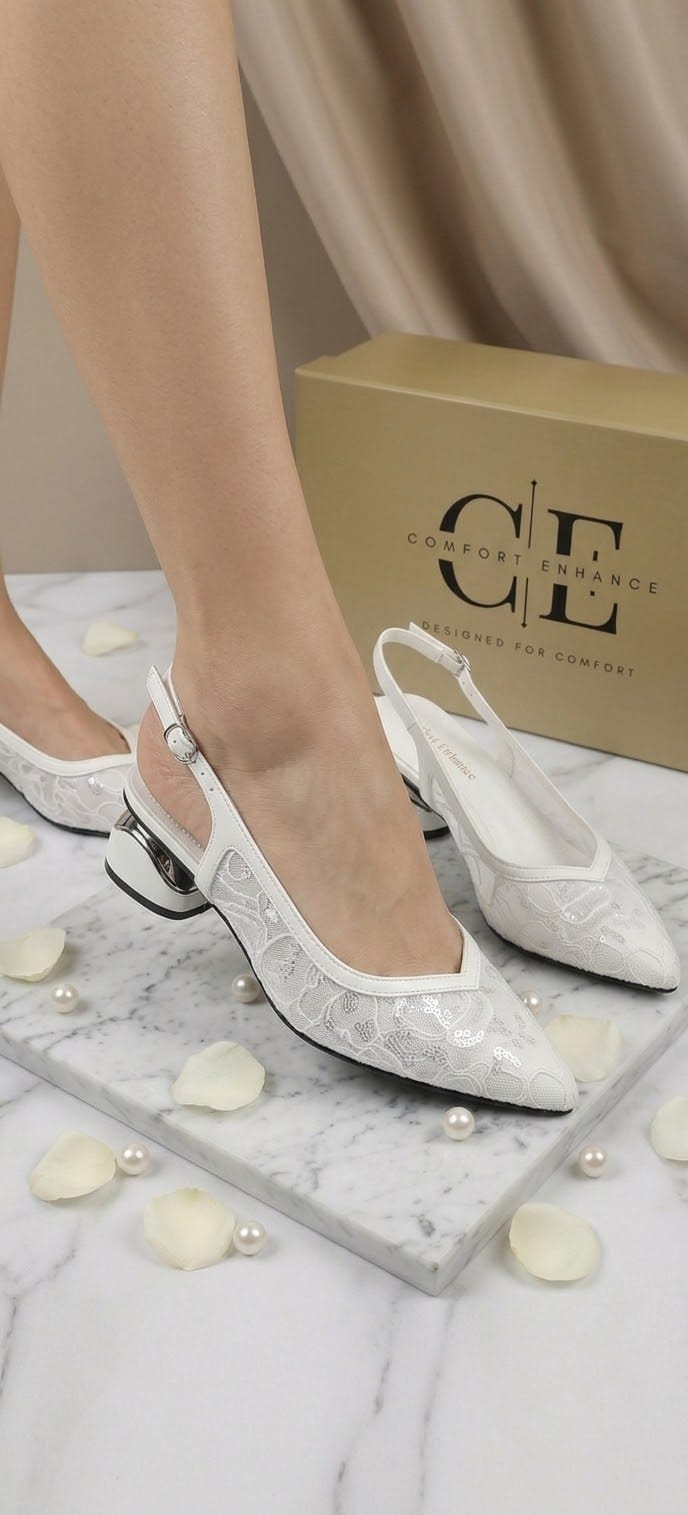 Comfort Enhance Floral Embroidered Pointed Toe Slingback Heels