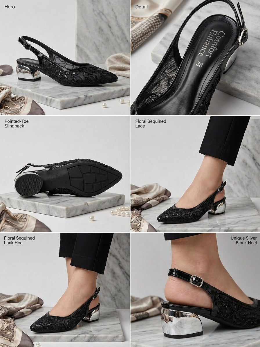 Comfort Enhance Floral Embroidered Pointed Toe Slingback Heels