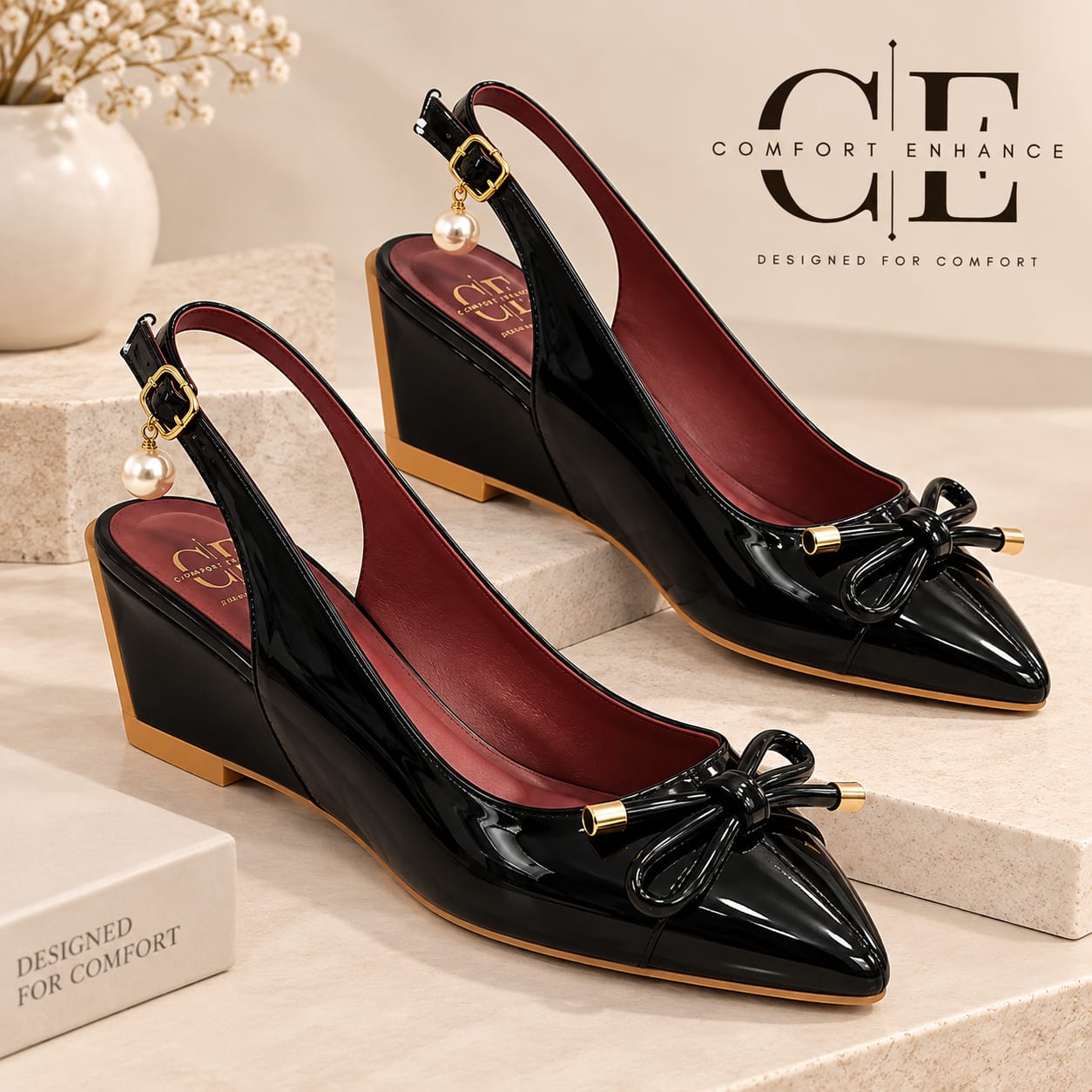 Comfort Enhance Glossy Patent Bow Slingback Pumps